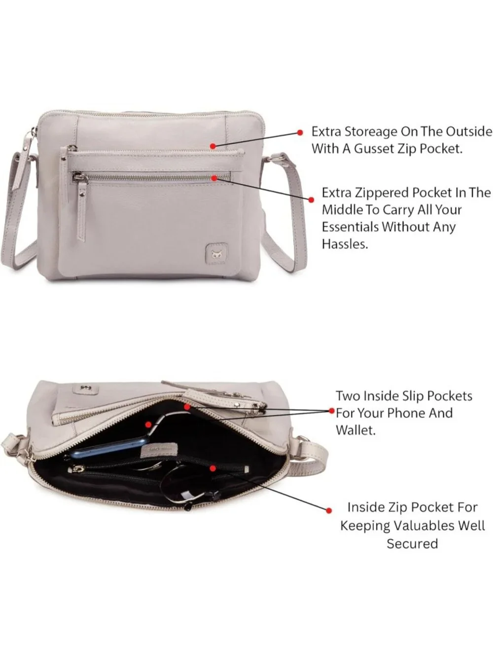 Women's Ice Grey Genuine Leather Sling Purse with Adjustable Strap Crossbody bag